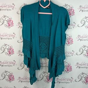 Onyx cardigan tshirt style shrug knit detail teal blue Crochet Women Sweater